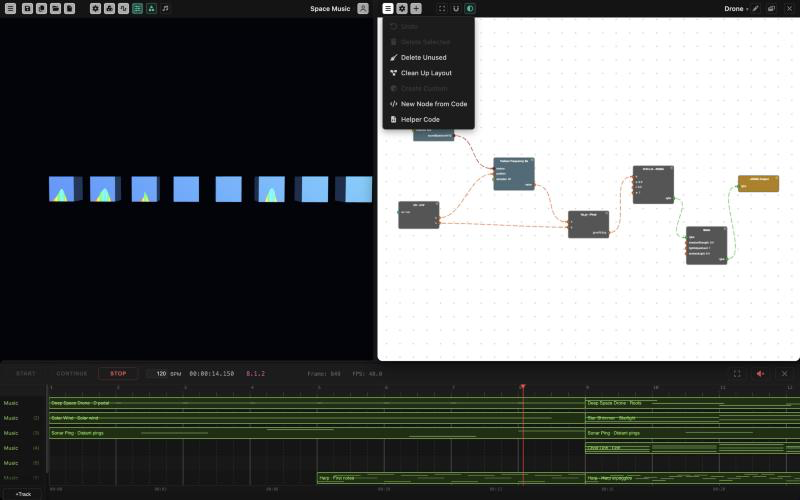 An instrument in the node editor, with the burger menu open