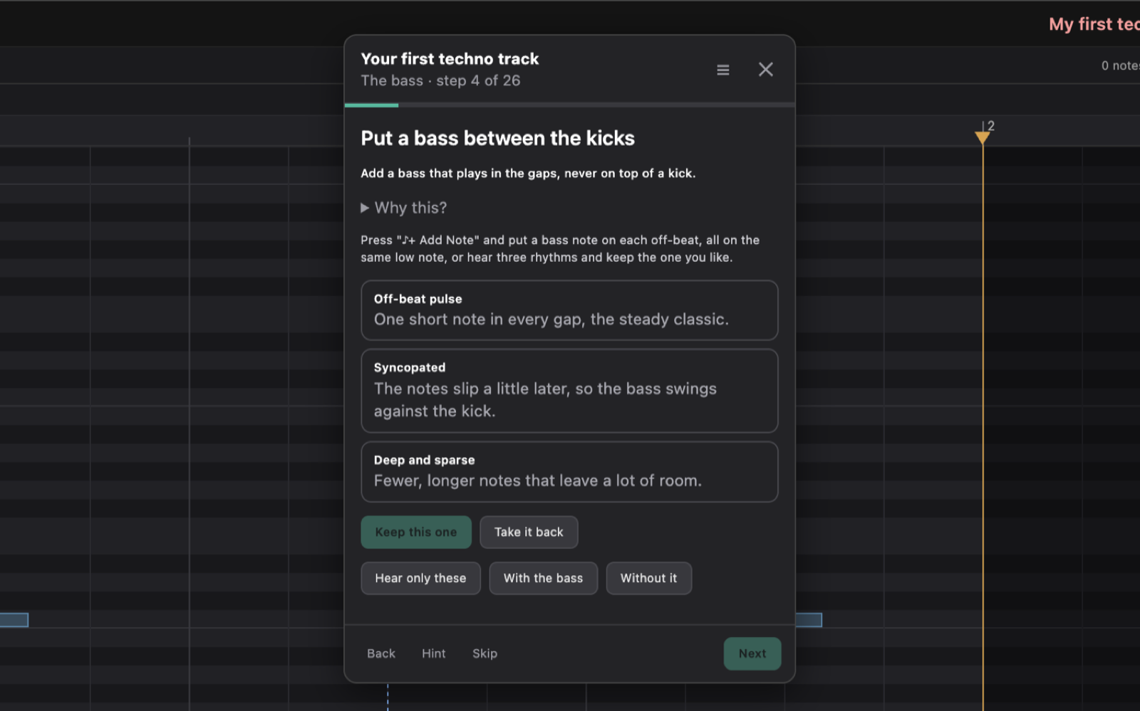 A guided lesson: the coach panel on the right shows the step, its options and a checklist, beside the piano roll and the Runsheet