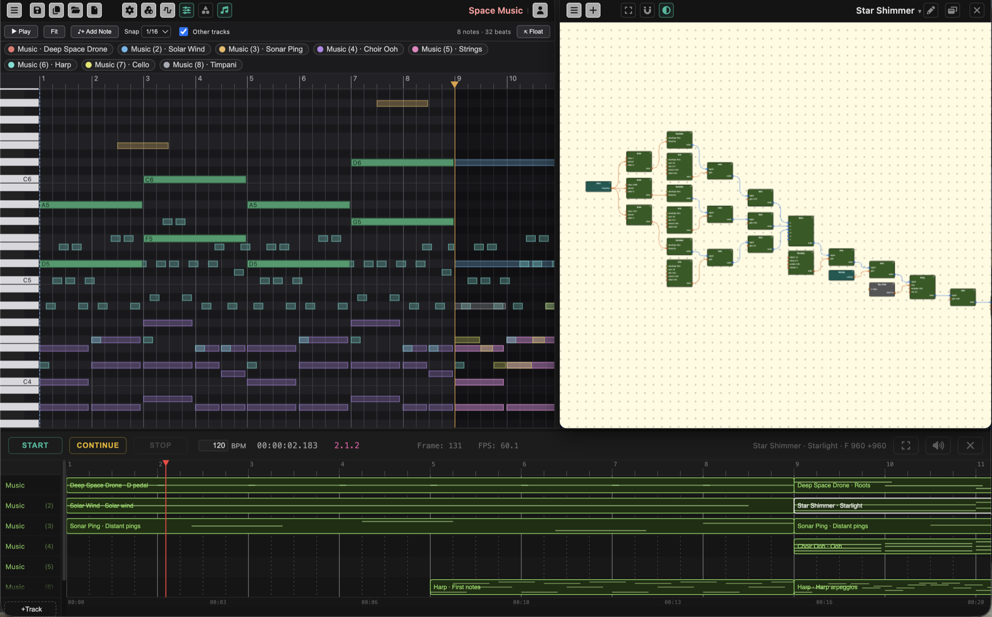 The music workspace: a piano roll with eight tracks of notes, the node graph of a synthesiser instrument beside it, and the Runsheet timeline below
