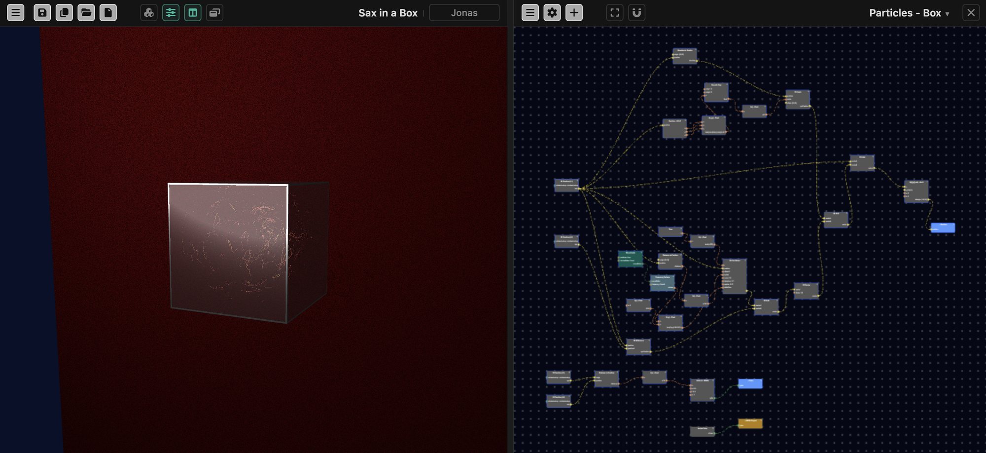 The node editor: a 3D scene on the left, and on the right the node graph that draws it